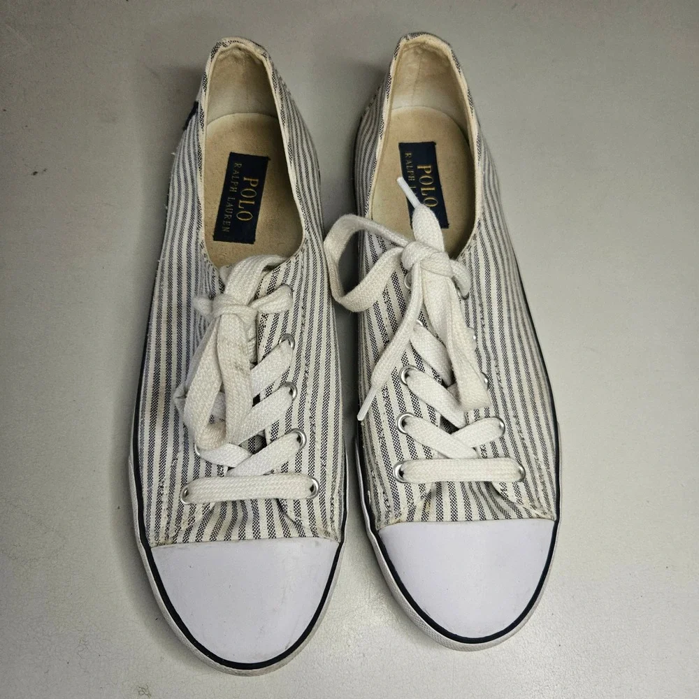 Polo Ralph Lauren Striped Canvas Sneakers Blue White Ticking Stripe Low Top 9.5B